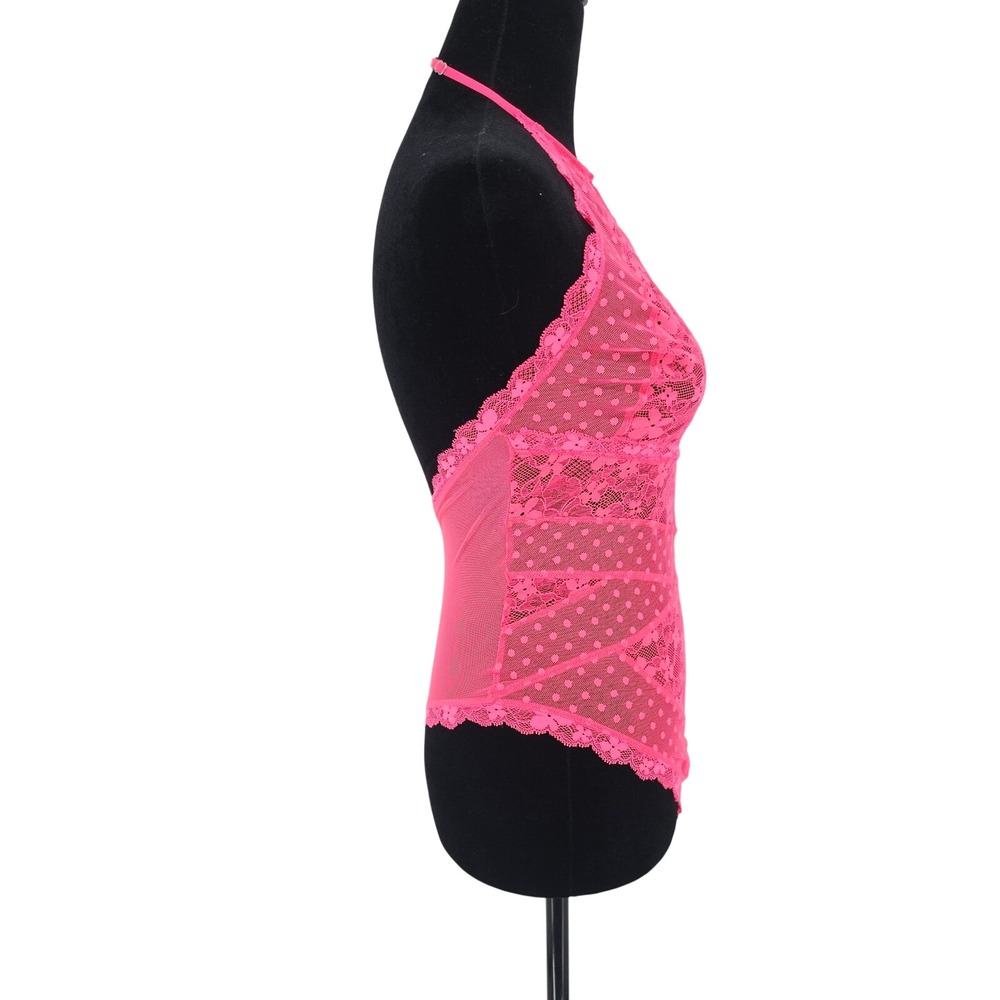 Victoria's Secret Hot Pink Lace Polka Dot Keyhole Halter Teddy Bodysuit M - Picture 5 of 8